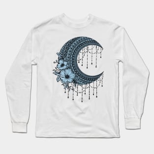 Black ink moon mandala on blue gradient Long Sleeve T-Shirt